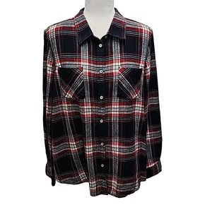 Natural Reflections Women's Button Front Flannel Shirt Navy Green Red Size XL